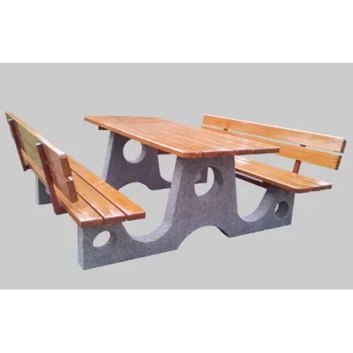 Stół rekreacyjny-piknikowy parkowy betonowy z drewniany blatem i 2 zespolonymi ławkami z oparciami 200x200x80 cm