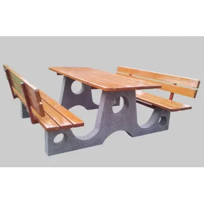 Stół rekreacyjny-piknikowy parkowy betonowy z drewniany blatem i 2 zespolonymi ławkami z oparciami 200x200x80 cm